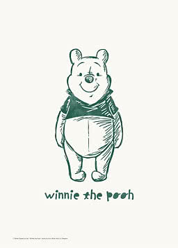 Schizzo di Winnie the Pooh in piedi su sfondo chiaro con scritta "winnie the pooh"