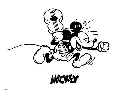 Schwarz-weiße Illustration von Micky Maus, die mit einer Gitarre über der Schulter rennt.