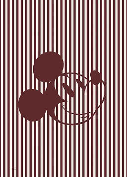 Abstraktes Disney-Motiv mit dunkelroter Mickey-Mouse-Silhouette auf weißem Hintergrund mit Streifen