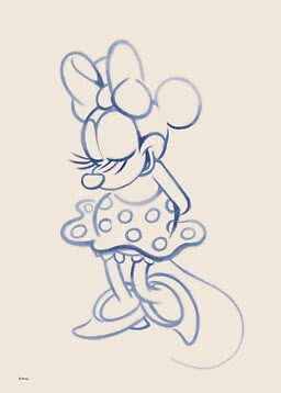 Blaue Strichzeichnung von Minnie Maus im gepunkteten Kleid mit Schleife auf hellem Grund
