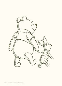 Strichzeichnung von Winnie Puuh und Ferkel, die Hand in Hand von hinten gehen