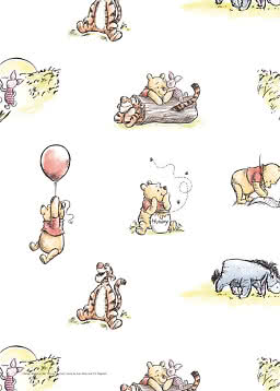 Weißes Muster mit Winnie Puuh, Ferkel, Tigger und I-Aah in weichen, handgezeichneten Motiven