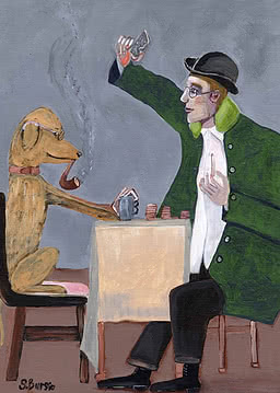 Maleri af hund med pipe og briller, der spiller kort mod en person ved et bord.