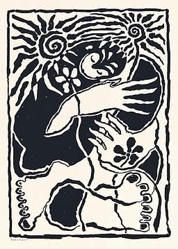 Schwarz-weißer abstrakter Druck mit Gesicht, Vogel, Blumen und Spiralen im Hochformat