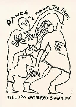 Abstrakt linjeteckning av två figurer med texten "Dance me through the panic".