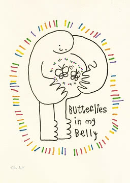 Lekfull teckning av en figur med fjärilar vid magen och texten "Butterflies in my Belly"