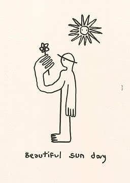 Minimal line drawing of a person holding a flower under a sun with text "Beautiful sun day"
