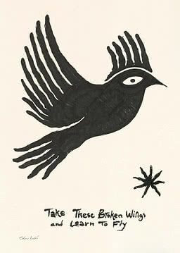 Svart stiliserad fågel på beige bakgrund med texten: "Take These Broken Wings and Learn To Fly"