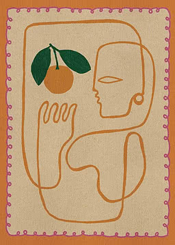 Illustration abstraite d’un visage et d’une main avec une orange sur fond beige et orange