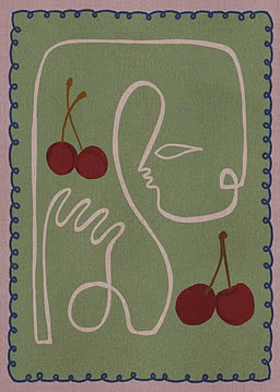 Ilustración abstracta de un rostro con cerezas sobre fondo verde y borde decorativo