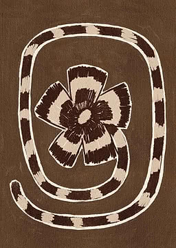 Tessuto marrone con fiore grafico e serpente attorcigliato a righe crema e marrone scuro