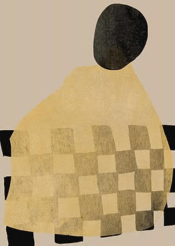 Abstrakte Illustration einer Figur im beigen Kleid mit Karomuster und dunklem Kopf