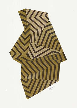 Art mural abstrait avec formes géométriques et motifs zigzag noirs et dorés sur fond blanc