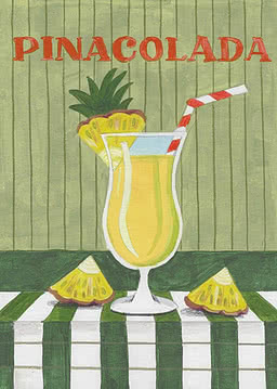 Painted poster of a piña colada with pineapple slices and a red striped straw on a green striped background