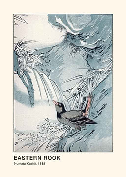 Estampe japonaise d'un oiseau sombre sur un rocher près d'une cascade, encadré de bambous en bleu-gris et crème