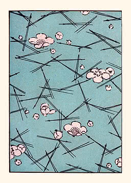 Motif d'estampe japonaise avec des fleurs de prunier rose pâle et de fines branches noires sur fond turquoise