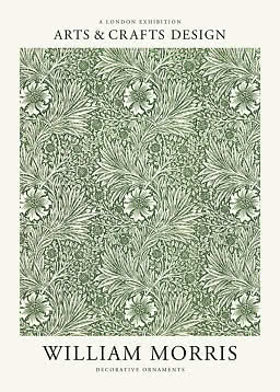 Plakat med grønligt William Morris-blomstermønster og teksten Arts & Crafts Design.