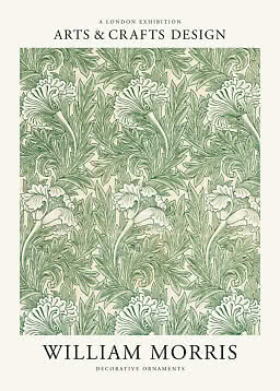 Plakat med grøn William Morris-blomsterranke og teksten Arts & Crafts Design.