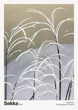 Affiche d’art avec herbes givrées blanches stylisées sur fond gris et beige doux