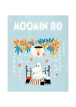 Light blue Moomin 80 poster with Moomin on a bed under flowers and a hanging lamp