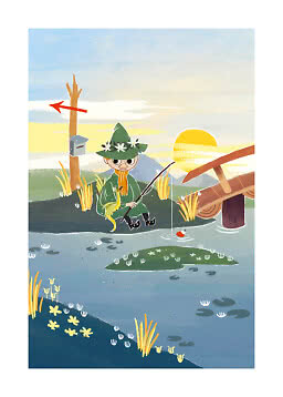 Illustration av en liten figur som fiskar vid en sjö i solnedgång, med brygga och vägvisare