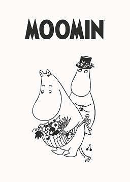 Moomin-logo over stregtegning af to mumitrolde, den ene med frugtkurv og den anden med blomsterhat