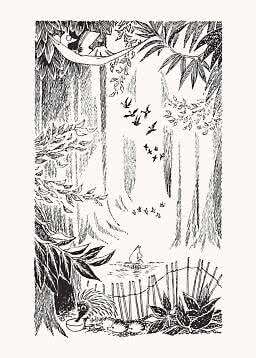 Sort-hvid illustration af skov med fugle, et pindsvin og en figur i hængekøje mellem træerne.