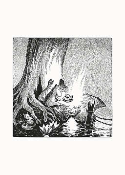 Sort-hvid illustration af små figurer ved et træ og vand, en serverer mad på et fad.