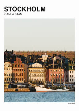 Poster von Stockholms Gamla Stan mit bunten Uferhäusern und Segelbooten