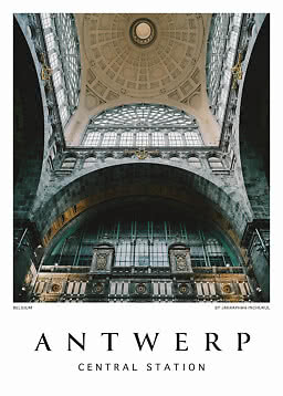 Poster of Antwerp Central Station interior with high dome, arches, and large windows.