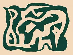 Lámina de arte abstracto con formas orgánicas claras sobre fondo verde oscuro