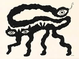 Black-and-white abstract drawing of an animal with long legs, large tail, and prominent eyes
