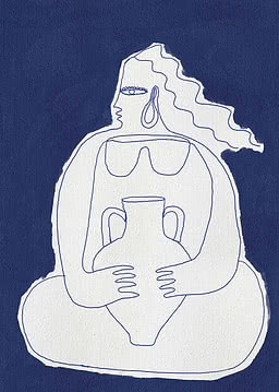 Disegno stilizzato bianco di donna seduta con vaso su sfondo blu