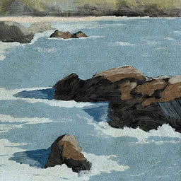 Una veduta a picco sull'acqua turchese, dove rocce scure rompono la superficie in una spessa schiuma bianca