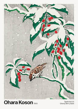 Winter canvas – Sparrows on Snowy Berry Busch by Ohara Koson
