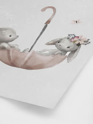Watercolor of a bunny and bear cub in a pink umbrella with flower crown and butterfly