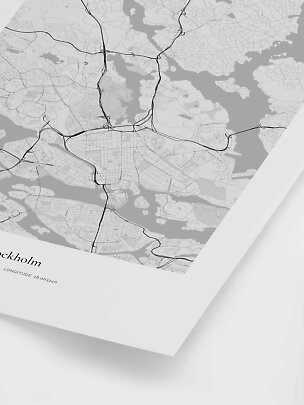 Black and white poster featuring a street map of Stockholm on a white background.