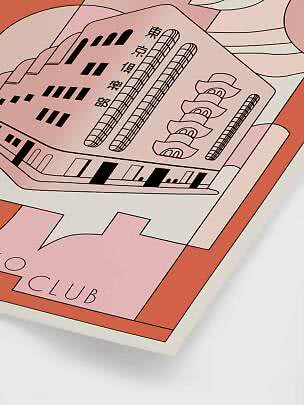 Abstrakt illustration i rosa og orange af bygning med japanske tegn og teksten i CLUB