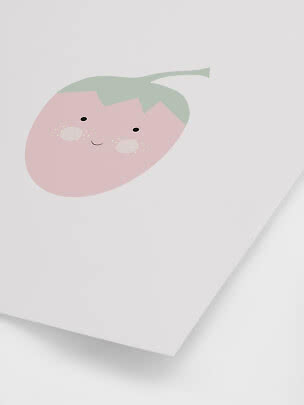 Lyserød, glad jordbærillustration med ansigt på hvid plakat