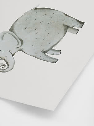 Akvarelillustration af en grå elefant på hvid baggrund