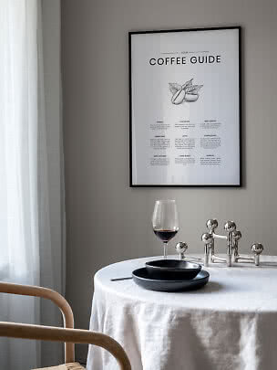 Gerahmtes Coffee-Guide-Poster an der Wand über Esstisch mit schwarzem Geschirr und Weinglas