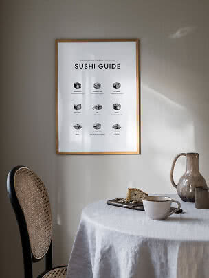 Gerahmtes Sushi-Guide-Poster an der Wand über einem Tisch mit Tasse, Krug und Kuchenstück