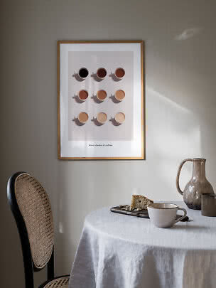 Indrammet plakat med ni kaffekopper i forskellige nuancer over et bord med kop og kande.