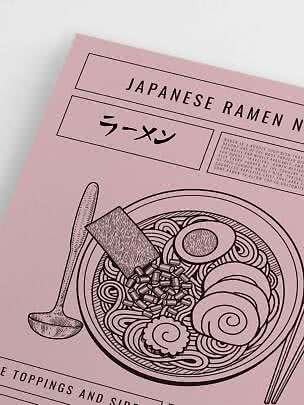 Affiche rose avec illustration noire de ramen japonais, cuillère, baguettes et texte.