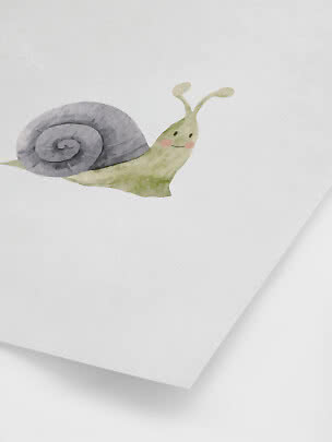 Watercolor illustration of a cute snail with a gray shell on a white background