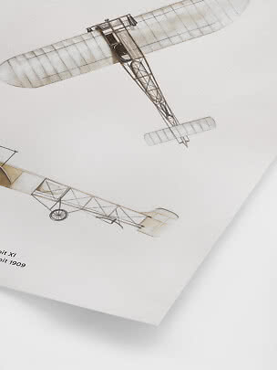 Poster med vintageillustrationer av två tidiga flygplan på vit bakgrund