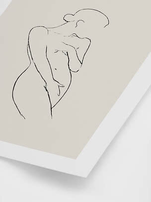 Minimalist line drawing of a female figure in a white frame on a beige background