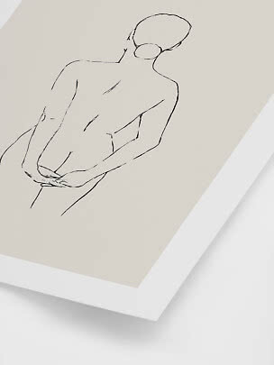 Minimalist line drawing of a seated female figure on a beige print with white frame