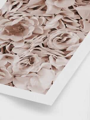 Nærbillede af lyserøde stofblomster i en hvid ramme