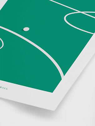 Minimalistisk poster med grön handbollsplan och vita linjer